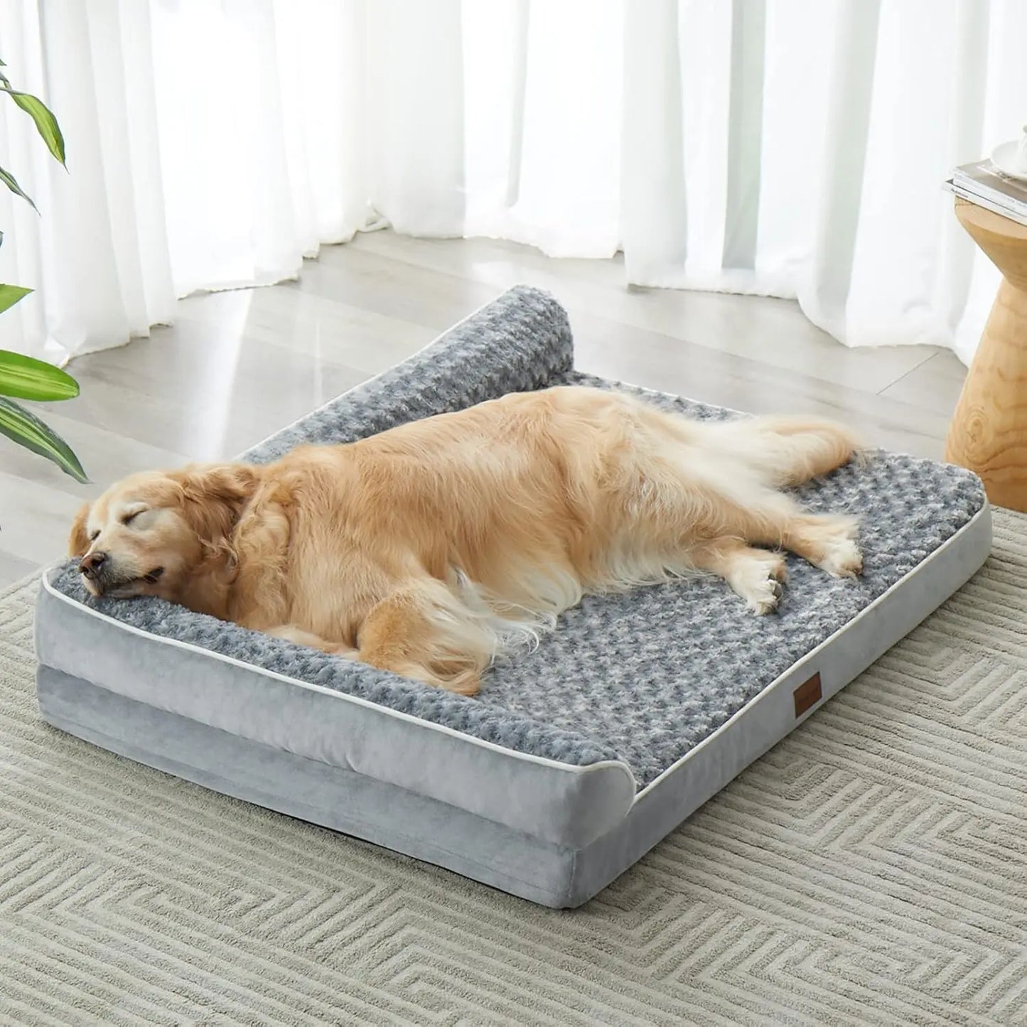 Orthopedic L-Shaped Dog Bed for Large Dogs - Waterproof Velvet-Top Sofa with Pressure Relief Foam, Joint Support, Removable Washable Cover, Self-Warming Soft Surface, Non-Slip Bottom, Apartment Decor