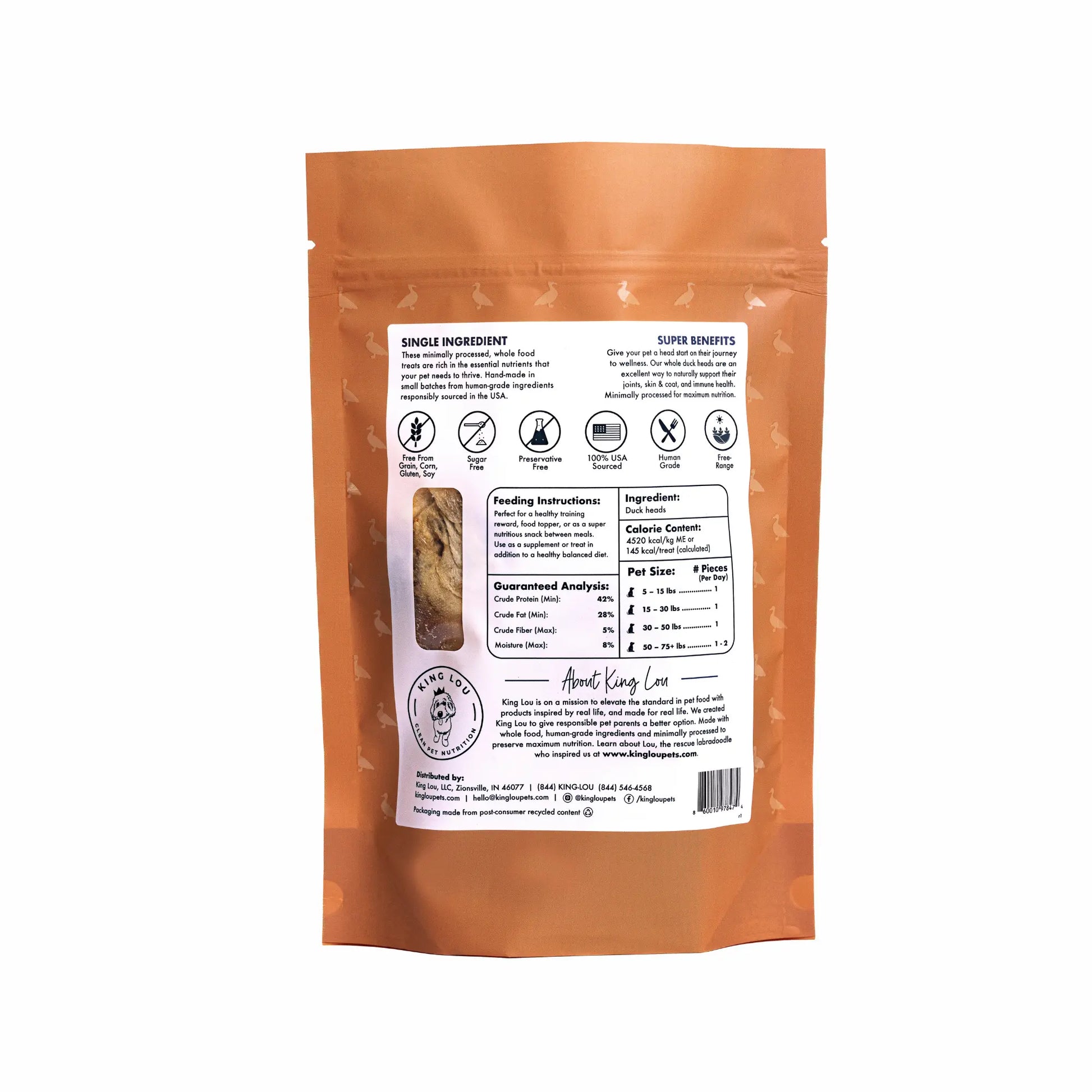 King Lou Whole Duck Heads Treats for Dogs and Cats, Single-Ingredient, 100% USA, Small-Batch, High Quality and Healthy Pet Treats and Natural Food, Supports Hip and Joint Health Crunchy Chewy