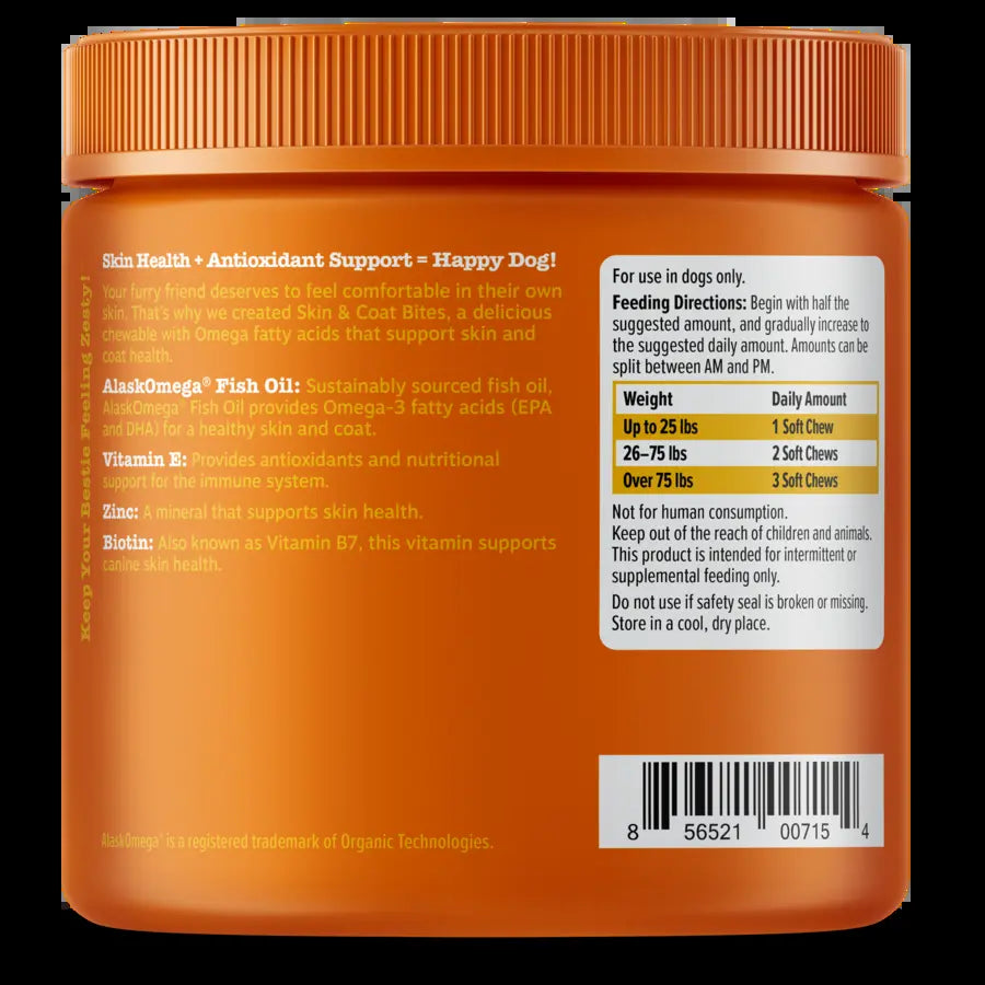 Zesty Paws Skin & Coat Bites for Dogs Soft Chew Treats with Omega 3 Fish Oil EPA & DHA for Skin Coat Health Vitamin Supplement