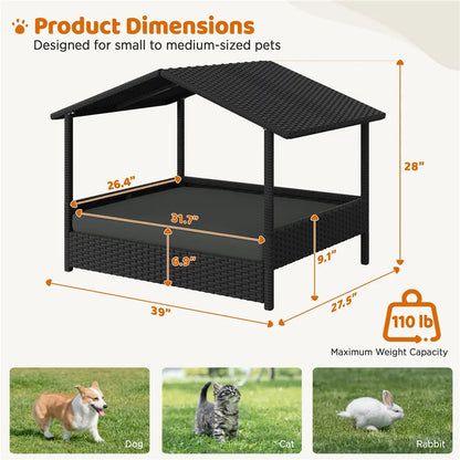 Costoffs Outdoor Elevated Rattan Dog Bed with Canopy & Padded Cushion - Heavy Duty Raised Pet House for Backyard, Poolside & Lawn