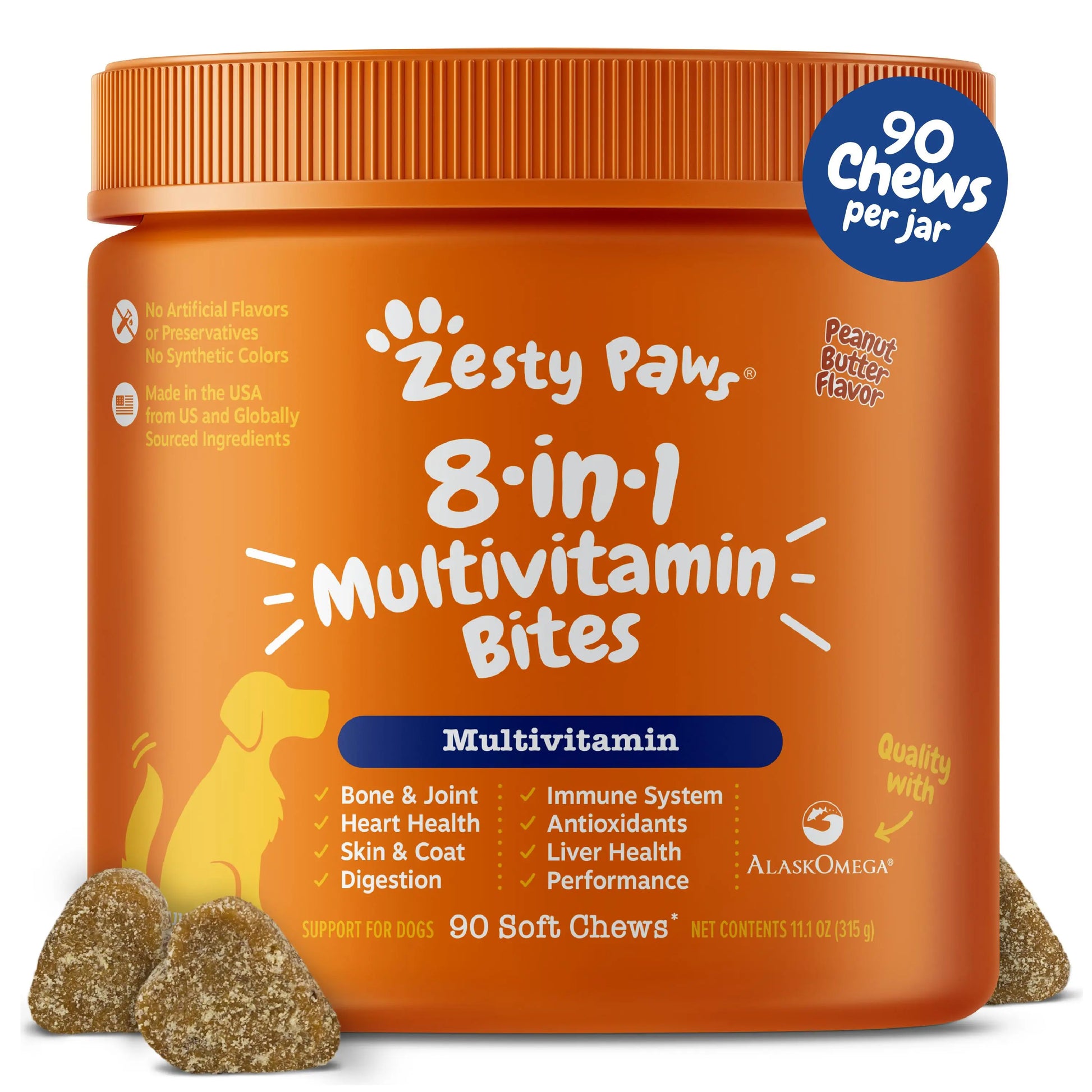 Zesty Paws 8-In-1 Chewable Multivitamin Bite for Dogs, Chicken Soft Chew Immune Support Dog Treats Supplement 8 in Dog Supplements