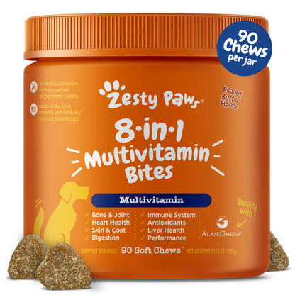 Zesty Paws 8-In-1 Chewable Multivitamin Bite for Dogs, Chicken Soft Chew Immune Support Dog Treats Supplement 8 in Dog Supplements