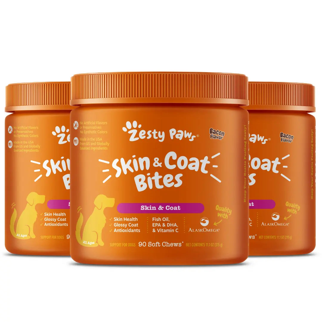 Zesty Paws Skin & Coat Bites for Dogs Soft Chew Treats with Omega 3 Fish Oil EPA & DHA for Skin Coat Health Vitamin Supplement