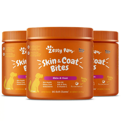 Zesty Paws Skin & Coat Bites for Dogs Soft Chew Treats with Omega 3 Fish Oil EPA & DHA for Skin Coat Health Vitamin Supplement