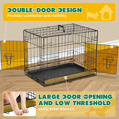 Large Dog Crate Enclosure - 24/30/36/42/48In Foldable Metal Wire Escape-Proof Kennel, Double-Door, Divider Panel, Leak-Proof Plastic Pan Tray for Easy Cleaning, Indoor Use