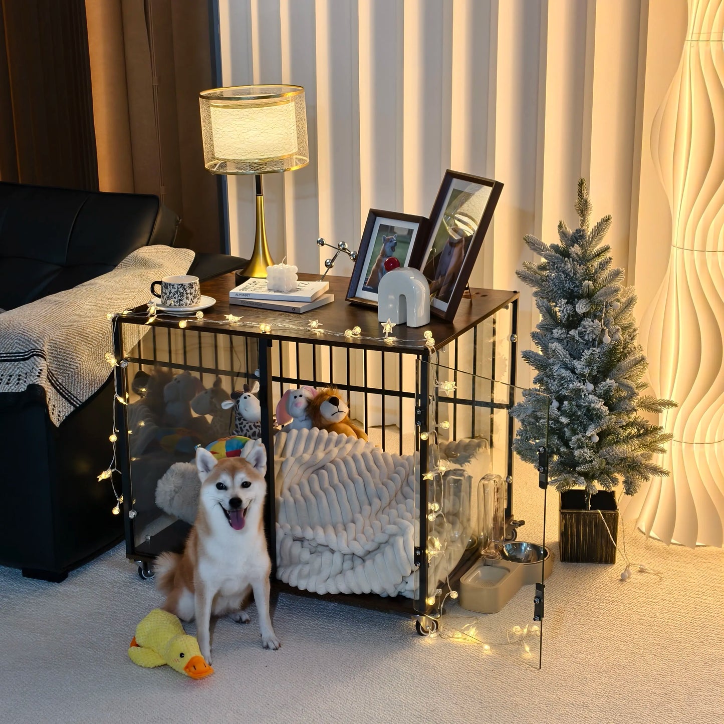 Bingopaw Tempered Glass Puppy Training Crate, Elegant Transparent Indoor Dog Cage for Small Dogs Wooden Kennel