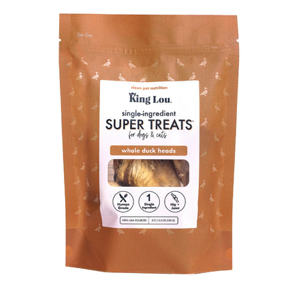 King Lou Whole Duck Heads Treats for Dogs and Cats, Single-Ingredient, 100% USA, Small-Batch, High Quality and Healthy Pet Treats and Natural Food, Supports Hip and Joint Health Crunchy Chewy