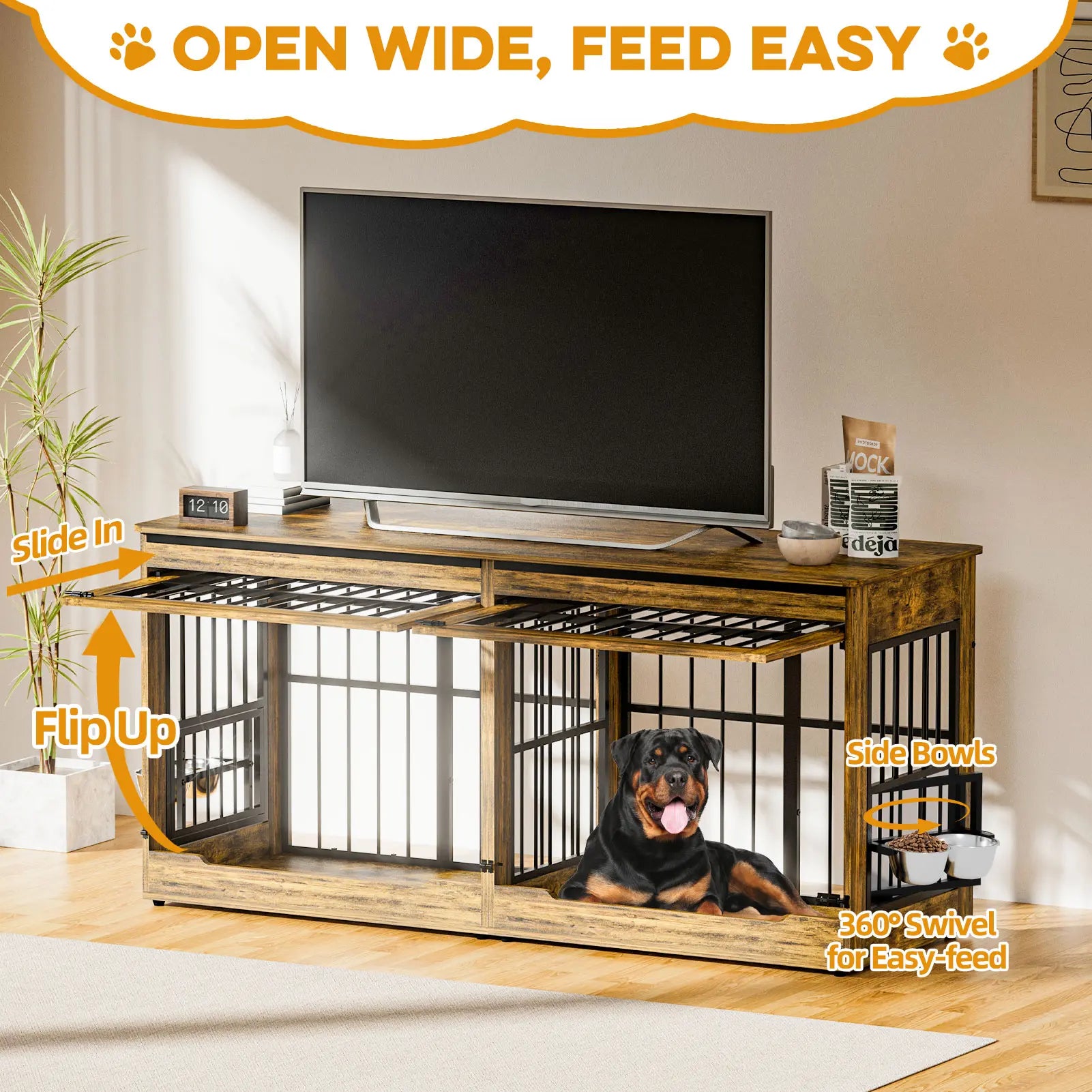 78" Heavy Duty Extra Large Dog Crate with Divider - Double Door Wooden Kennel, Removable Divider, 360° Swivel Bowls, and Reinforced Steel Bars for Extra Large or Two Medium-Large Dogs