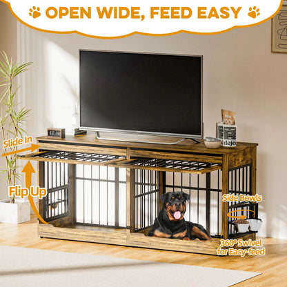 78" Heavy Duty Extra Large Dog Crate with Divider - Double Door Wooden Kennel, Removable Divider, 360° Swivel Bowls, and Reinforced Steel Bars for Extra Large or Two Medium-Large Dogs