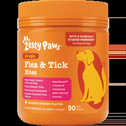 Zesty Paws Flea & Tick Bites for Dogs - Natural Repelguard™ Proprietary Blend Soft Chews for Flea & Tick Prevention - Veterinarian Formulated