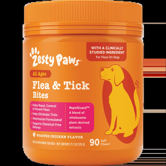 Zesty Paws Flea & Tick Bites for Dogs - Natural Repelguard™ Proprietary Blend Soft Chews for Flea & Tick Prevention - Veterinarian Formulated