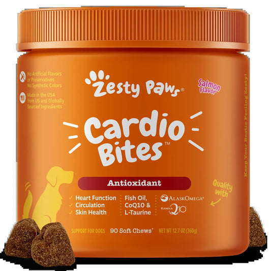Zesty Paws Cardio Bites for Dogs, Cardiovascular Health and Circulation Support Supplement for Dogs, Omega 3 Fatty Acid Fish Oil Soft Chew Pet Treats