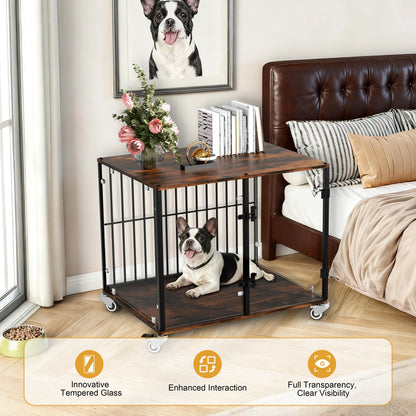 Bingopaw Tempered Glass Puppy Training Crate, Elegant Transparent Indoor Dog Cage for Small Dogs Wooden Kennel