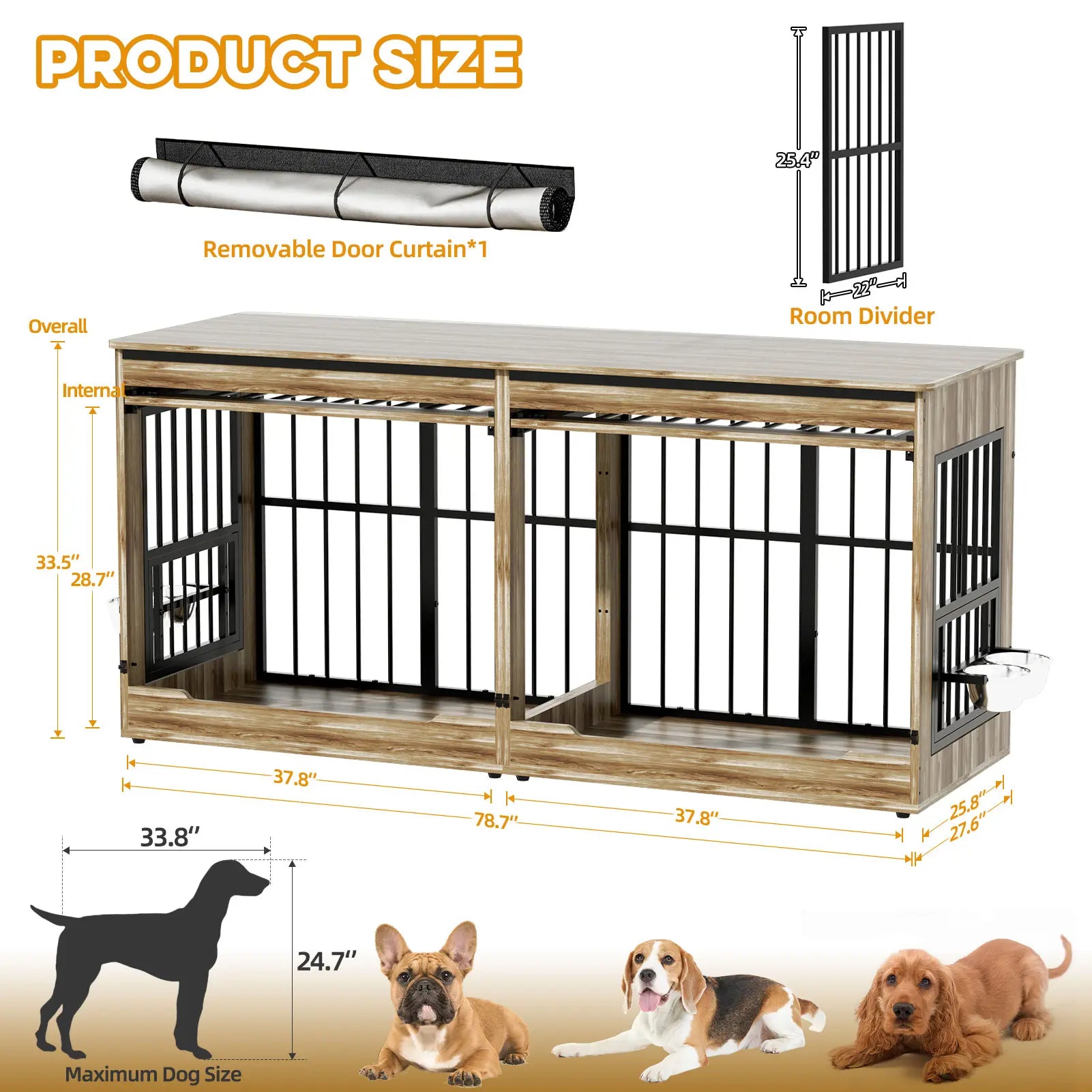 78" Heavy Duty Extra Large Dog Crate with Divider - Double Door Wooden Kennel, Removable Divider, 360° Swivel Bowls, and Reinforced Steel Bars for Extra Large or Two Medium-Large Dogs
