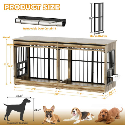 78" Heavy Duty Extra Large Dog Crate with Divider - Double Door Wooden Kennel, Removable Divider, 360° Swivel Bowls, and Reinforced Steel Bars for Extra Large or Two Medium-Large Dogs