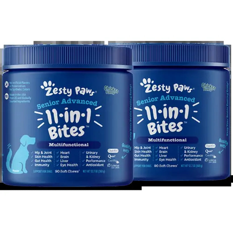 Zesty Paws Senior Advanced 11-In-1 Multivitamin Bites for Senior Dogs 90 Soft Chews per Jar Natural Chicken Flavor Nutritional Supplement