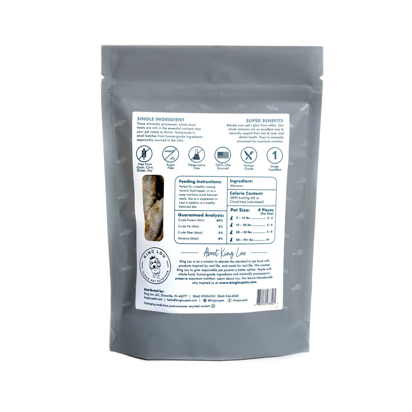 King Lou Whole Minnows - Freeze-Dried Raw Snack for Dogs and Cats Single Ingredient, 100% USA, Human Grade, Treats Pet Products Natural Food Pets Supplies