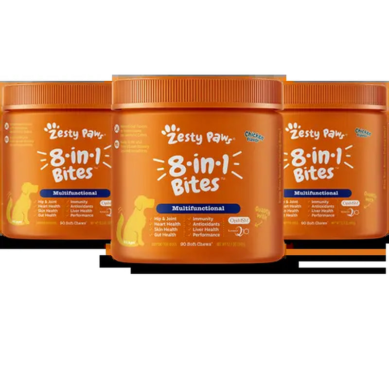 Zesty Paws 8-In-1 Chewable Multivitamin Bite for Dogs, Chicken Soft Chew Immune Support Dog Treats Supplement 8 in Dog Supplements