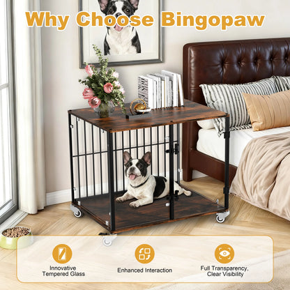 Bingopaw Tempered Glass Puppy Training Crate, Elegant Transparent Indoor Dog Cage for Small Dogs Wooden Kennel