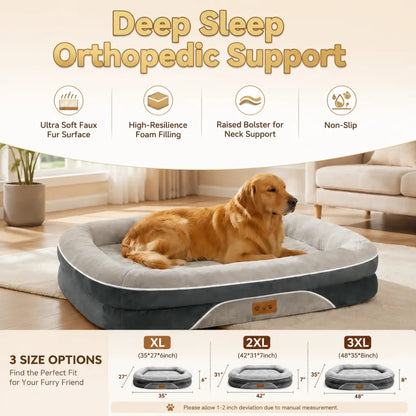 Orthopedic Large Dog Bed, Washable Orthopedic Large Dog Bed - Dog Beds Large Sized Dogs with Removable Cover Waterproof Pet Bed with Bolster for Extra Large Pe