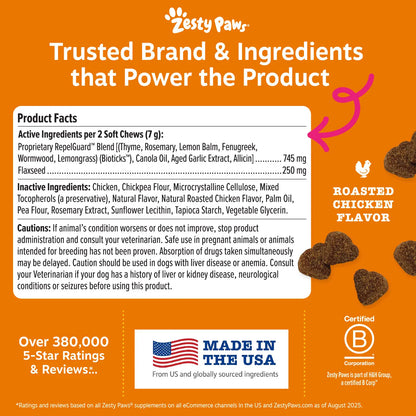 Zesty Paws Flea & Tick Bites for Dogs - Natural Repelguard™ Proprietary Blend Soft Chews for Flea & Tick Prevention - Veterinarian Formulated