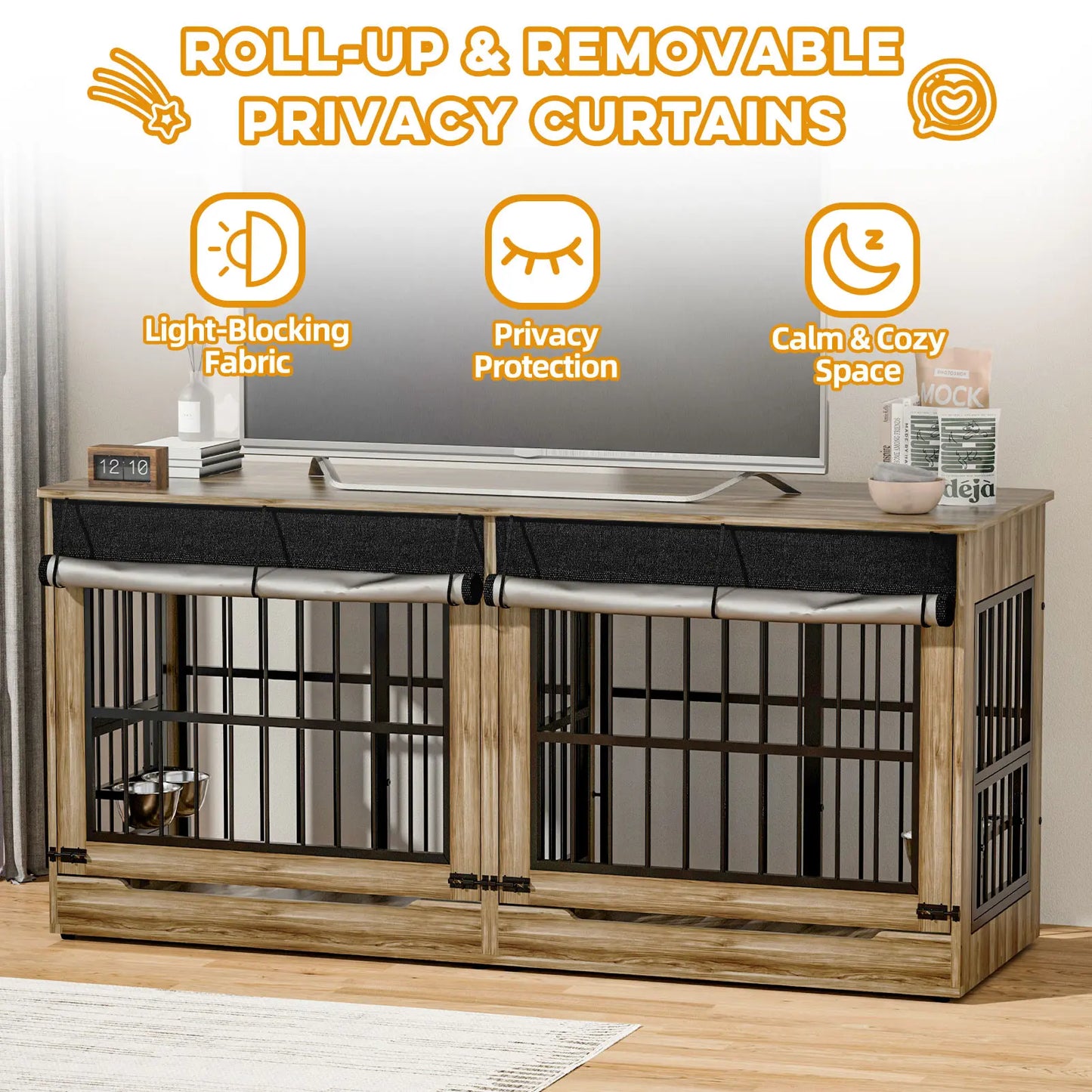 78" Heavy Duty Extra Large Dog Crate with Divider - Double Door Wooden Kennel, Removable Divider, 360° Swivel Bowls, and Reinforced Steel Bars for Extra Large or Two Medium-Large Dogs