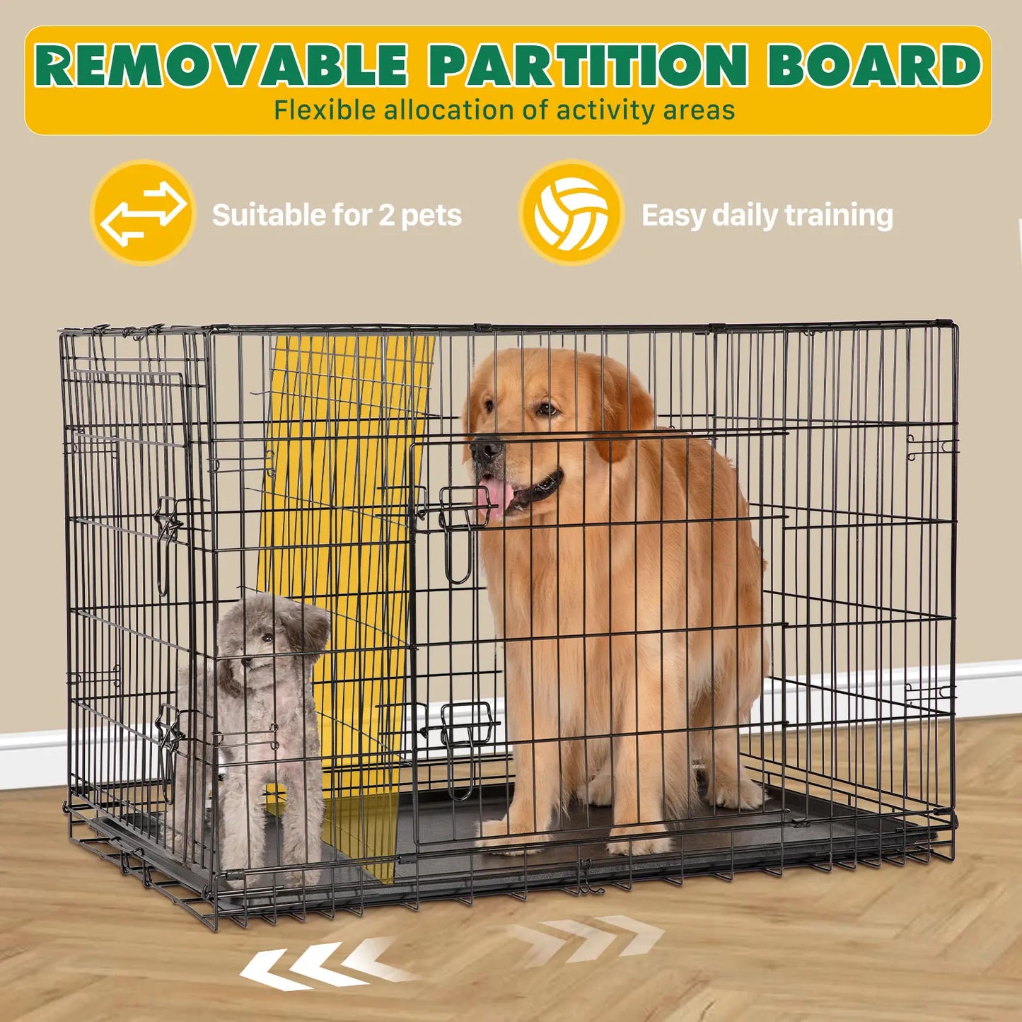 Large Dog Crate Enclosure - 24/30/36/42/48In Foldable Metal Wire Escape-Proof Kennel, Double-Door, Divider Panel, Leak-Proof Plastic Pan Tray for Easy Cleaning, Indoor Use