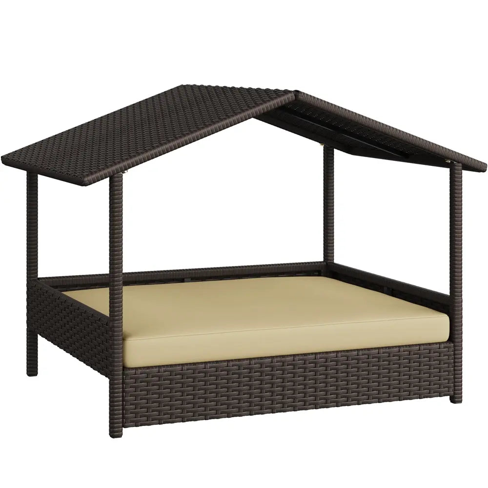 Costoffs Outdoor Elevated Rattan Dog Bed with Canopy & Padded Cushion - Heavy Duty Raised Pet House for Backyard, Poolside & Lawn