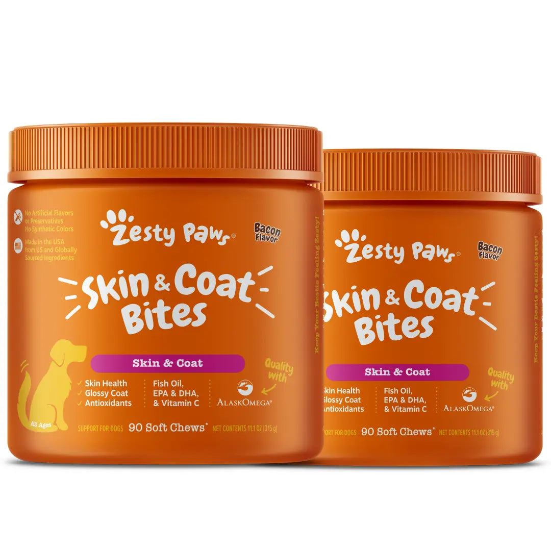 Zesty Paws Skin & Coat Bites for Dogs Soft Chew Treats with Omega 3 Fish Oil EPA & DHA for Skin Coat Health Vitamin Supplement