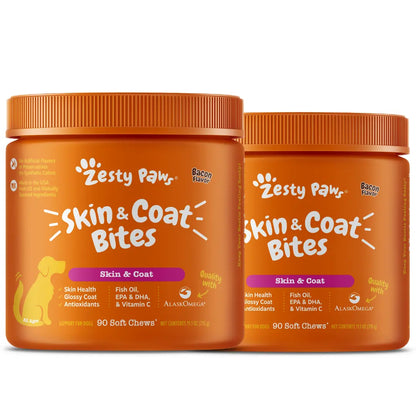 Zesty Paws Skin & Coat Bites for Dogs Soft Chew Treats with Omega 3 Fish Oil EPA & DHA for Skin Coat Health Vitamin Supplement