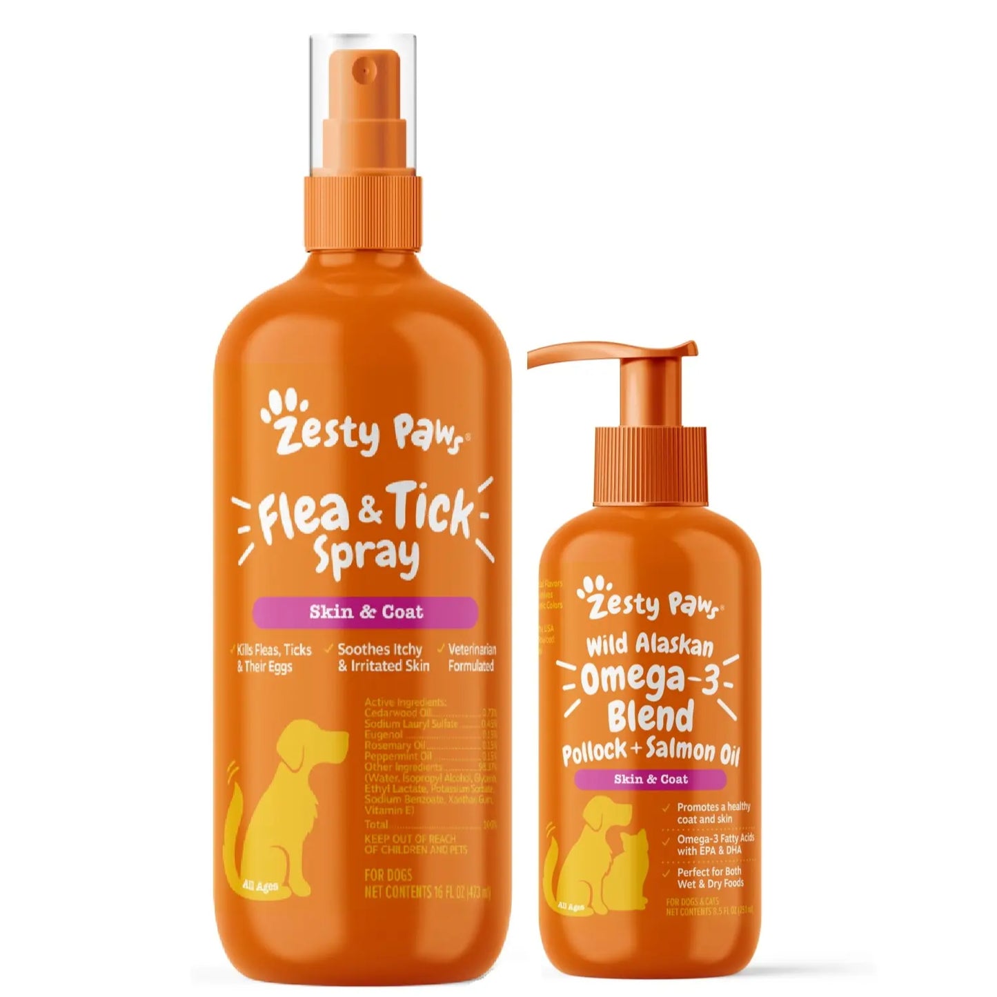 Zesty Paws Fresh Paws Shiny Coat & Bug-Free Bundle (8.5 Oz Salmon Oil + 16 Oz Flea & Tick Spray)
