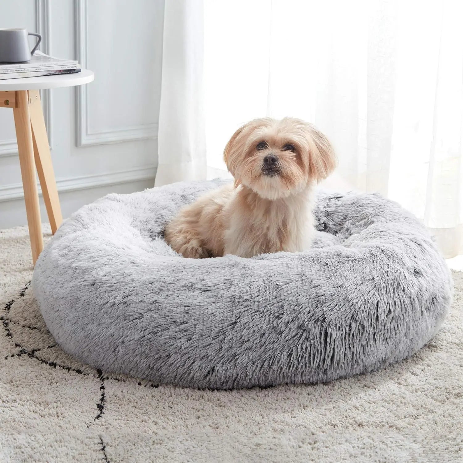 WESTERN HOME WH Calming Anti-Anxiety Dog & Cat Bed, Cozy Soft Donut Cuddler, Faux Fur Plush Cushion for Small & Medium Pets Pet Bed Fluffy Plush round Pet Durable Cat Daily Use Horizontal Natural