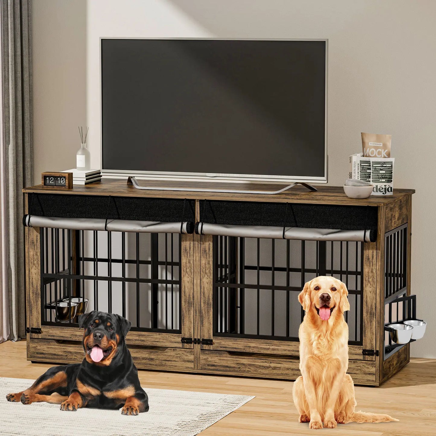 78" Heavy Duty Extra Large Dog Crate with Divider - Double Door Wooden Kennel, Removable Divider, 360° Swivel Bowls, and Reinforced Steel Bars for Extra Large or Two Medium-Large Dogs