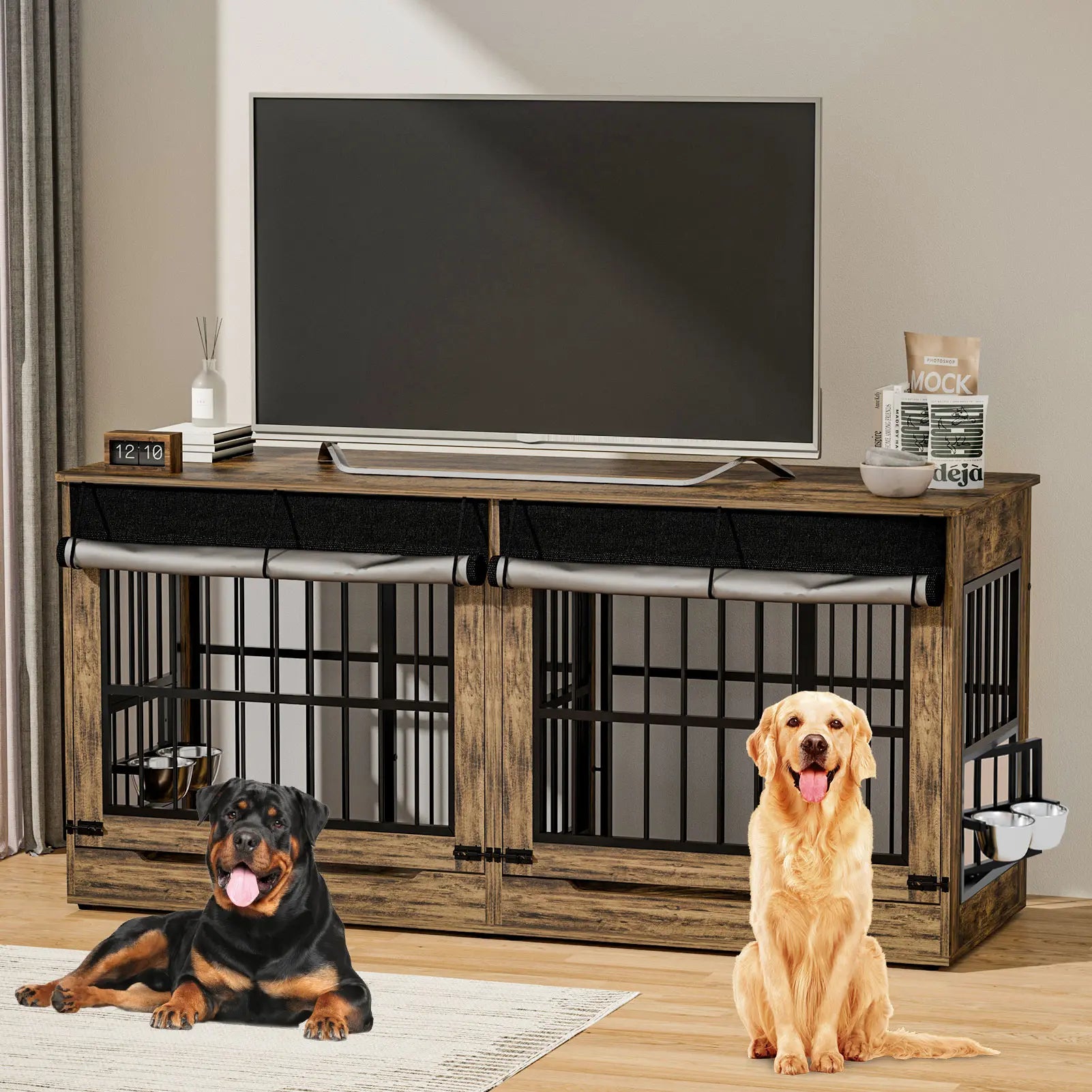 78" Heavy Duty Extra Large Dog Crate with Divider - Double Door Wooden Kennel, Removable Divider, 360° Swivel Bowls, and Reinforced Steel Bars for Extra Large or Two Medium-Large Dogs