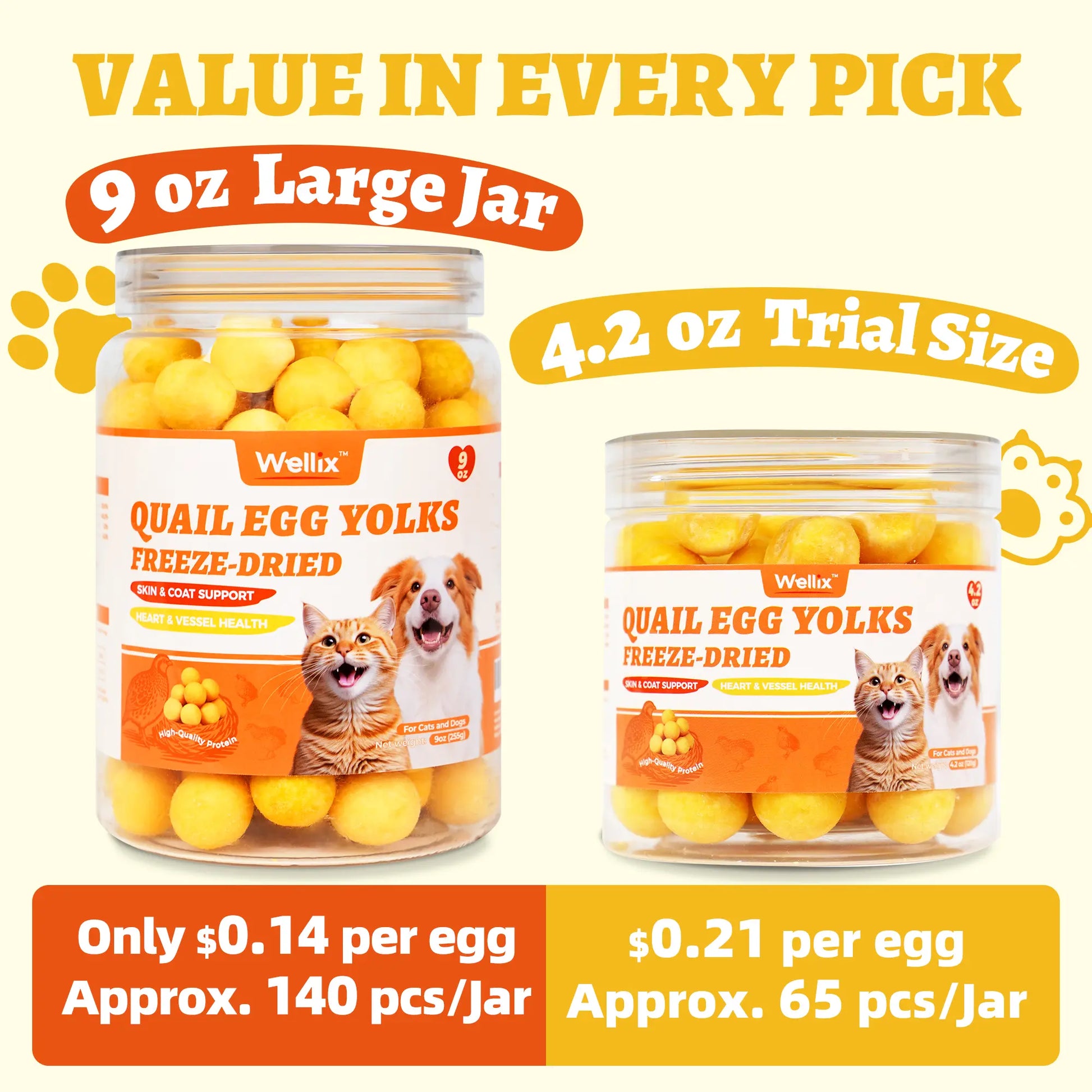 Wellix Freeze Dried Quail Egg Yolks for Dogs & Cats High-Protein Treats Supports Skin Coat Health Natural Training Snacks