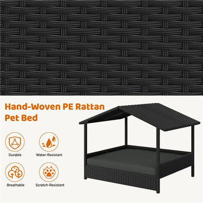 Costoffs Outdoor Elevated Rattan Dog Bed with Canopy & Padded Cushion - Heavy Duty Raised Pet House for Backyard, Poolside & Lawn
