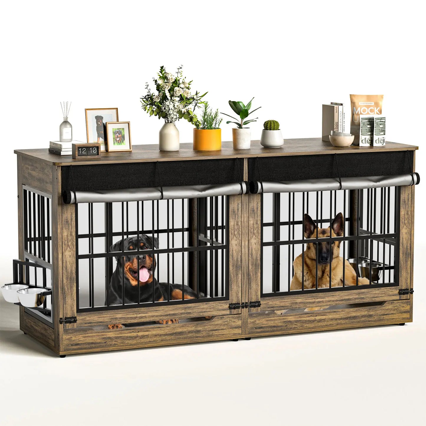 78" Heavy Duty Extra Large Dog Crate with Divider - Double Door Wooden Kennel, Removable Divider, 360° Swivel Bowls, and Reinforced Steel Bars for Extra Large or Two Medium-Large Dogs