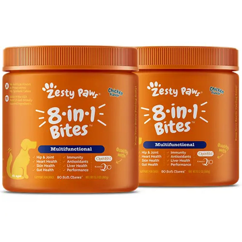 Zesty Paws 8-In-1 Chewable Multivitamin Bite for Dogs, Chicken Soft Chew Immune Support Dog Treats Supplement 8 in Dog Supplements