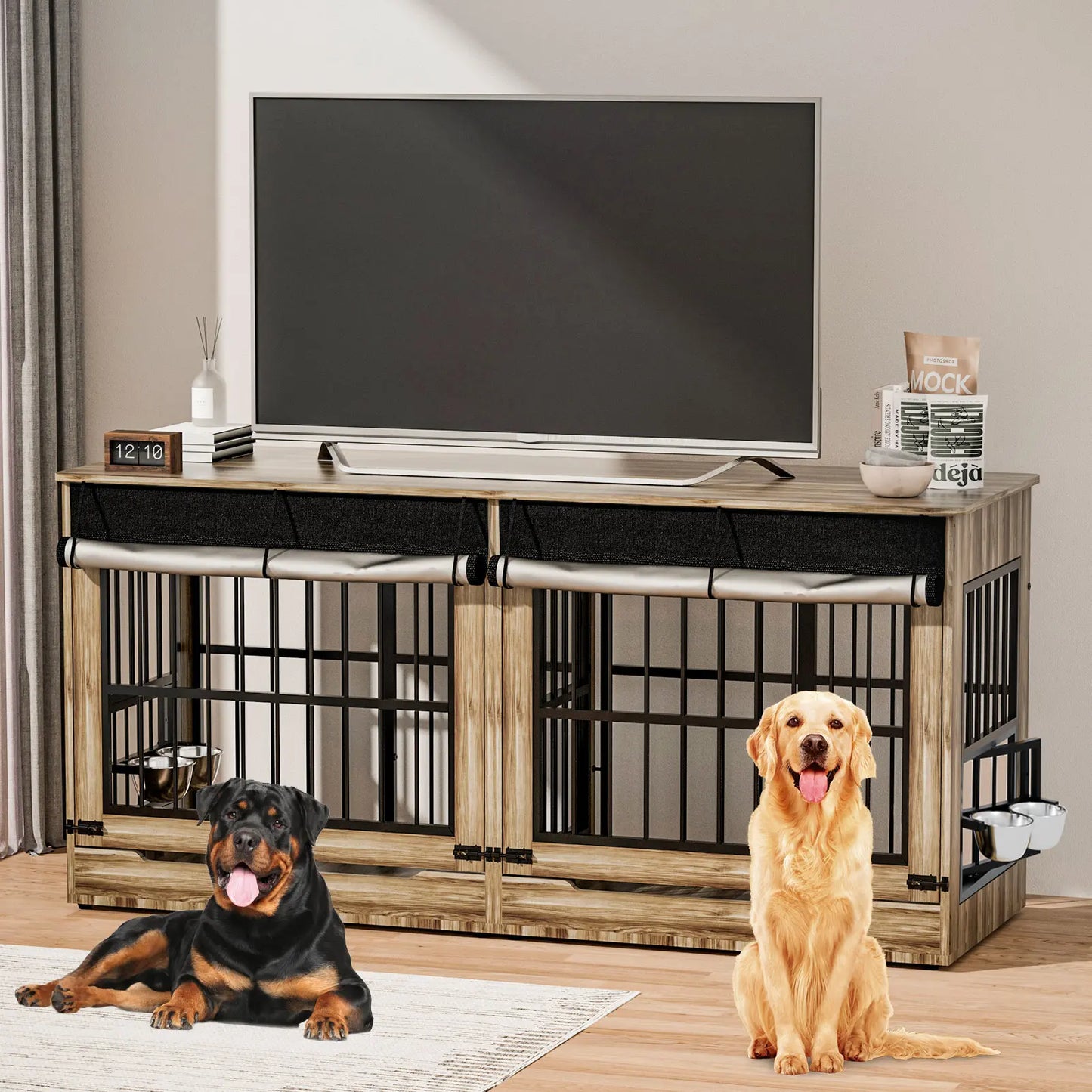78" Heavy Duty Extra Large Dog Crate with Divider - Double Door Wooden Kennel, Removable Divider, 360° Swivel Bowls, and Reinforced Steel Bars for Extra Large or Two Medium-Large Dogs