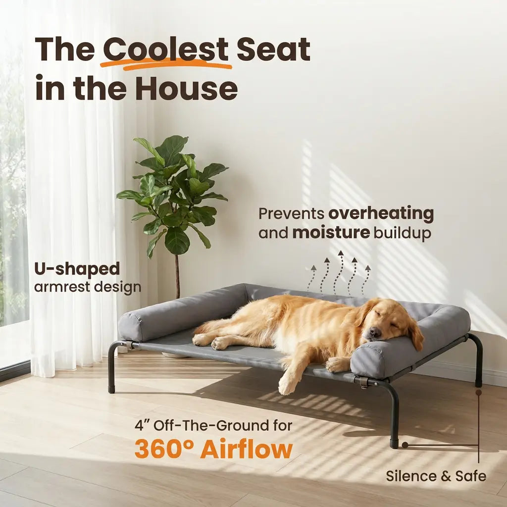 Elevated Cooling Dog Sofa,Raised Dog Cots Beds for Large Dogs, Outdoor Dog Bed for Large Dogs, Chew Proof Portable Cooling Pet Cot Skid-Resistant Feet, Frame with Breathable Mesh
