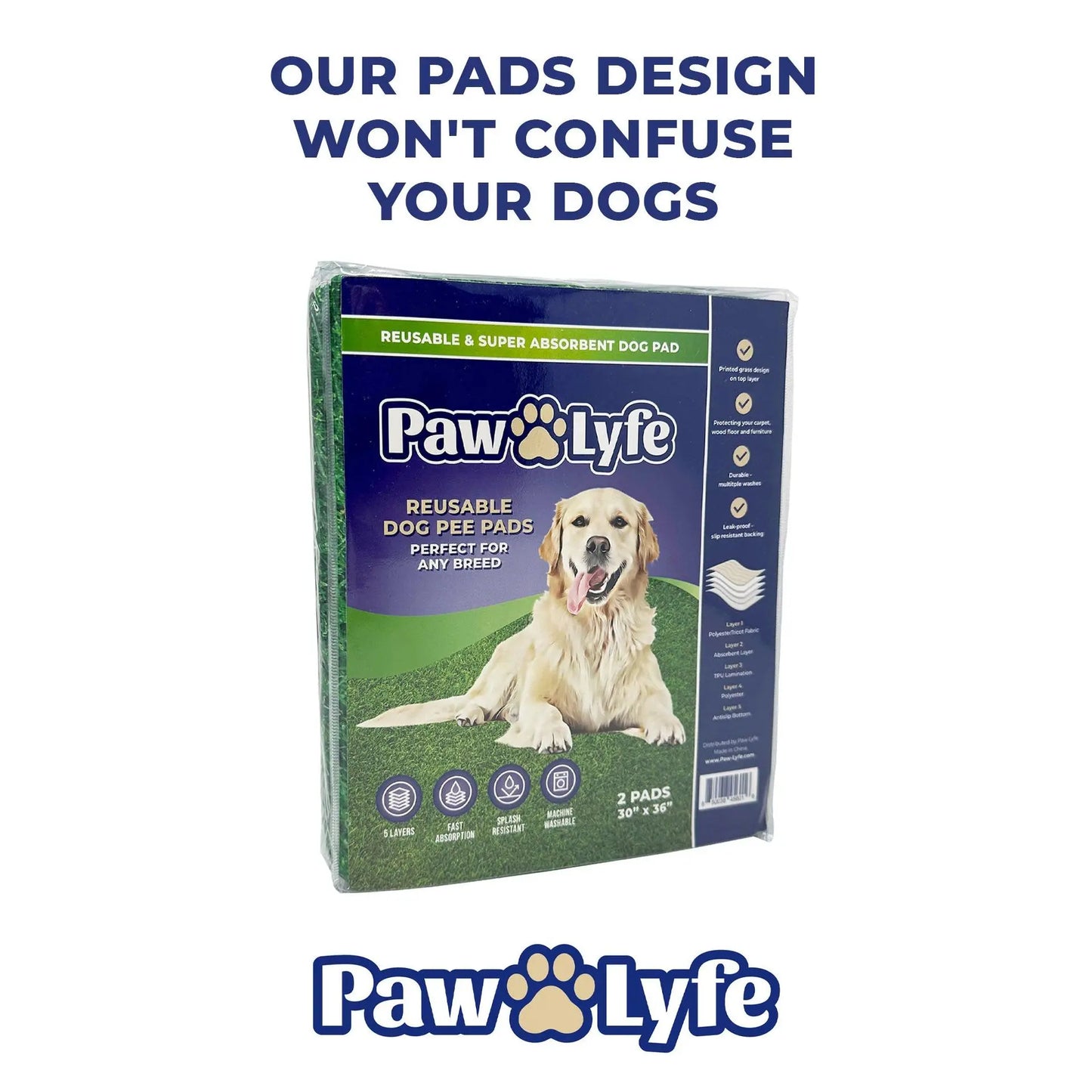 Reusable Dog Pee Pads with Grass Print Design, 2 Pads per Package Sized 30"X36" Each!