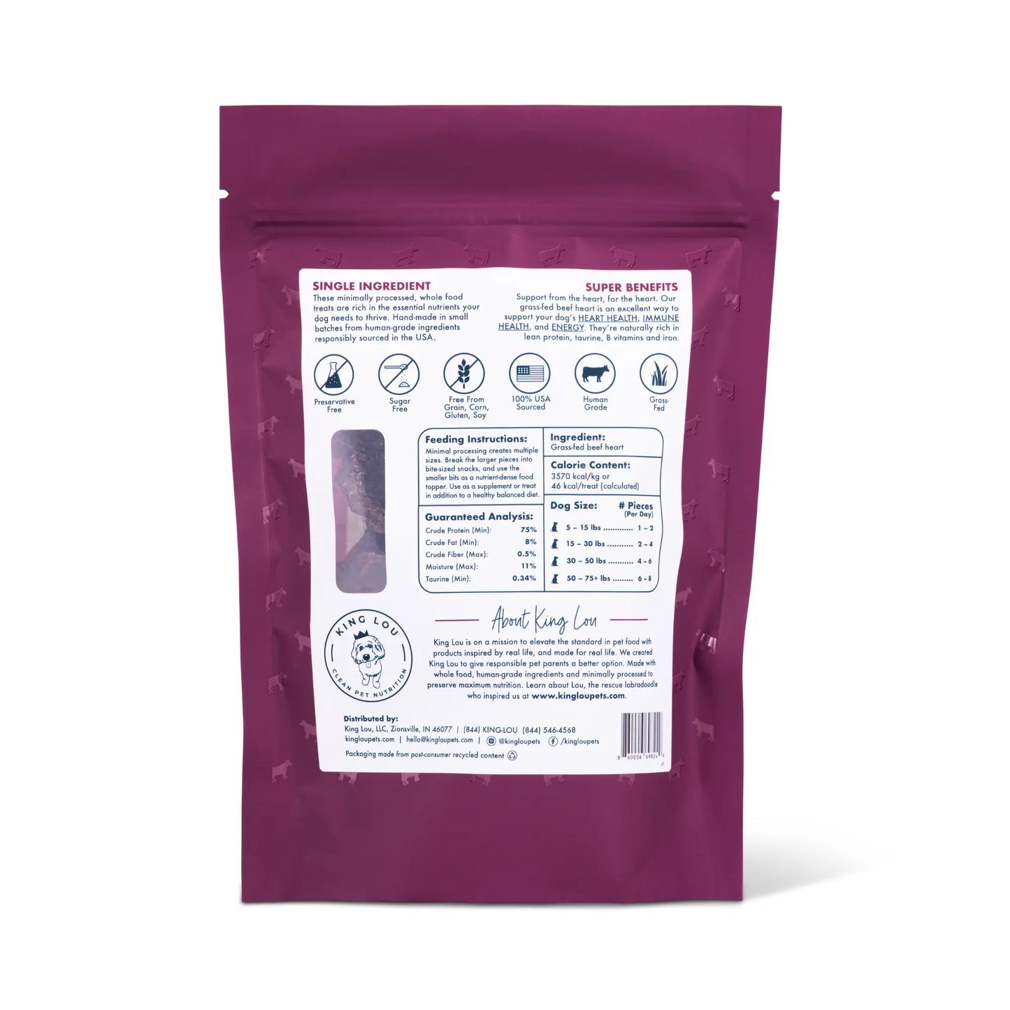 King Lou Beef Heart Jerky Treat for Dogs - Single-Ingredient, Rich in Taurine for Heart Health Single Ingredient