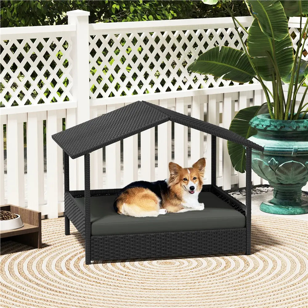 Costoffs Outdoor Elevated Rattan Dog Bed with Canopy & Padded Cushion - Heavy Duty Raised Pet House for Backyard, Poolside & Lawn