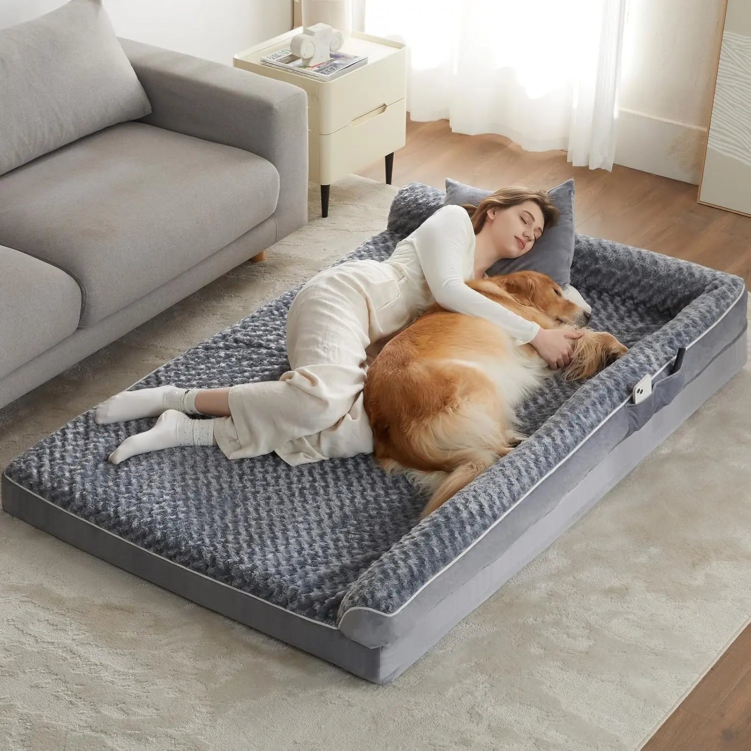 Orthopedic L-Shaped Dog Bed for Large Dogs - Waterproof Velvet-Top Sofa with Pressure Relief Foam, Joint Support, Removable Washable Cover, Self-Warming Soft Surface, Non-Slip Bottom, Apartment Decor