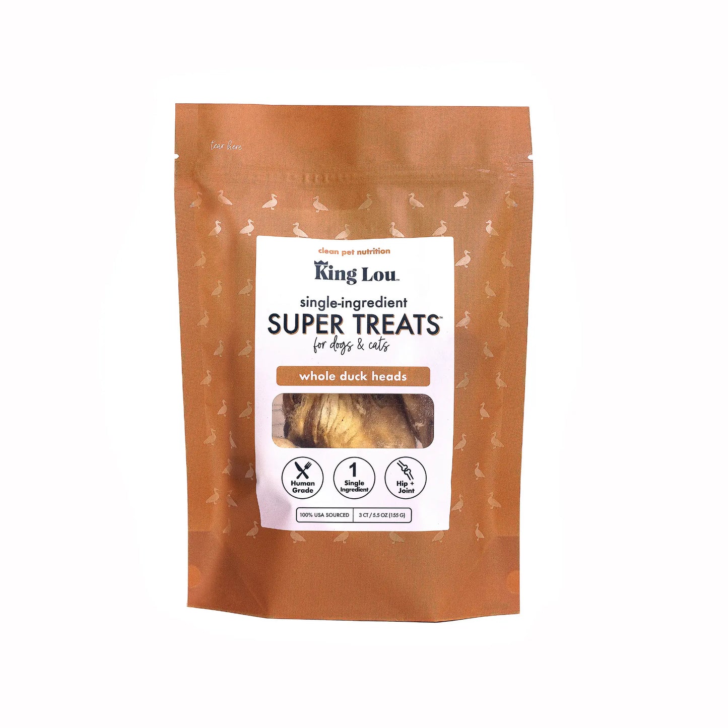 King Lou Whole Duck Heads Treats for Dogs and Cats, Single-Ingredient, 100% USA, Small-Batch, High Quality and Healthy Pet Treats and Natural Food, Supports Hip and Joint Health Crunchy Chewy