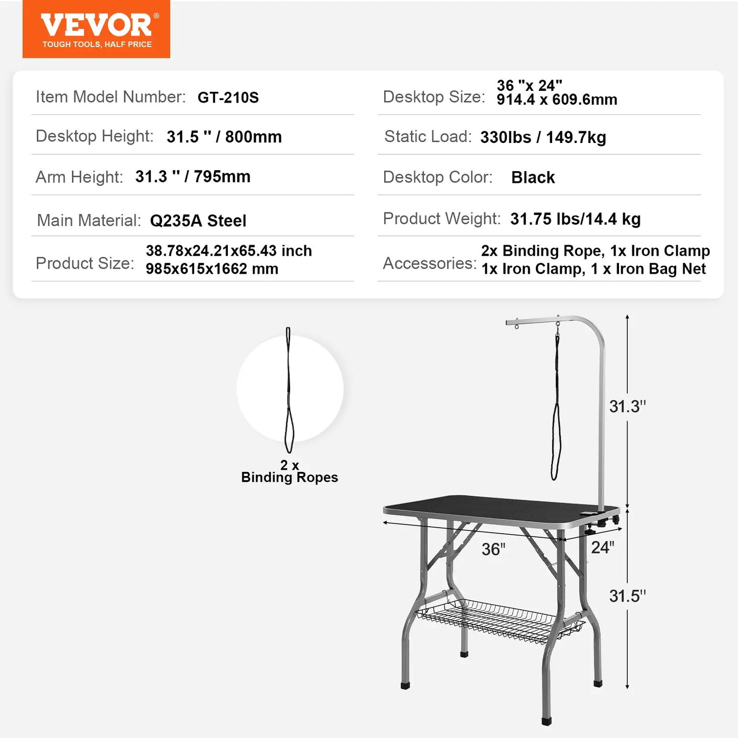 Vevor Professional Pet Grooming Table with Adjustable Arm and Clamp, 36''x24'' Foldable Grooming Station for Medium and Small Dogs, Includes Free No-Sit Haunch Holder and Grooming Loop, Supports Up to 330 lbs
