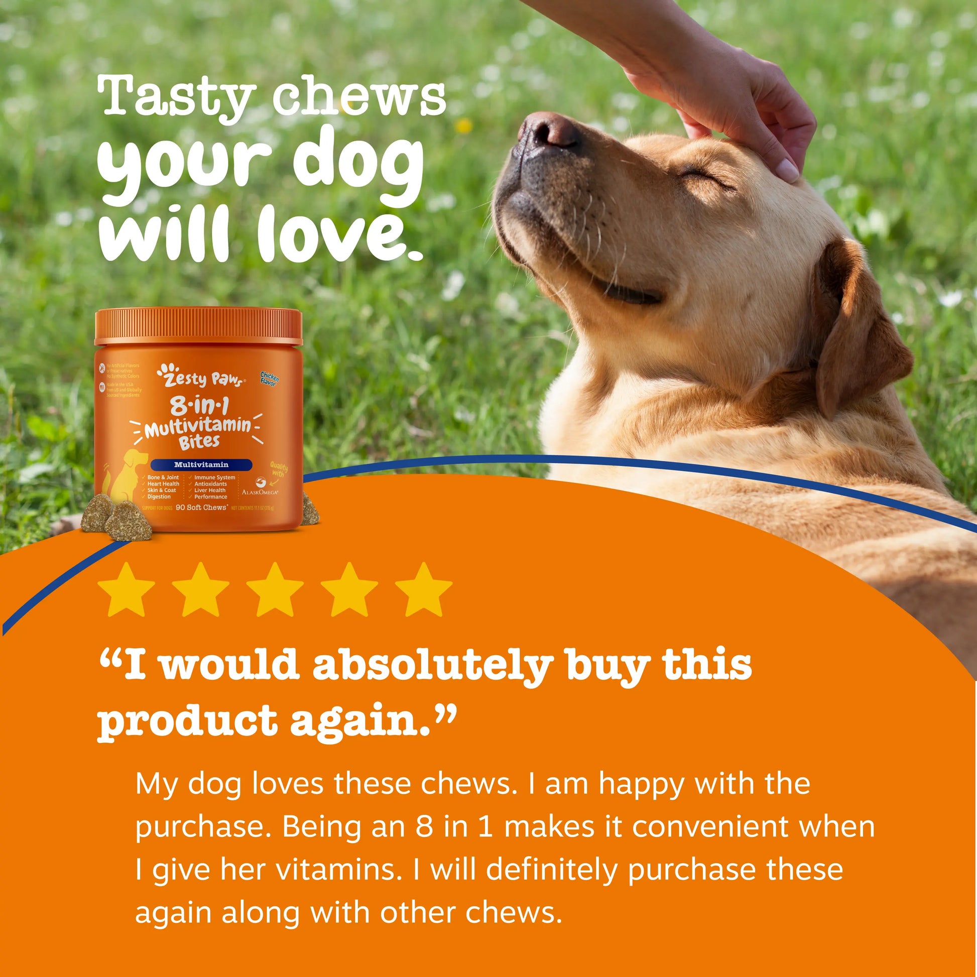 Zesty Paws 8-In-1 Chewable Multivitamin Bite for Dogs, Chicken Soft Chew Immune Support Dog Treats Supplement 8 in Dog Supplements
