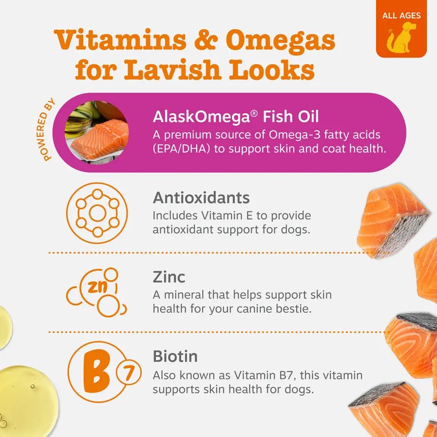 Zesty Paws Skin & Coat Bites for Dogs Soft Chew Treats with Omega 3 Fish Oil EPA & DHA for Skin Coat Health Vitamin Supplement