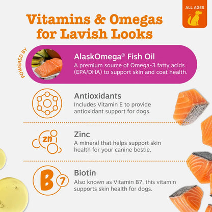 Zesty Paws Skin & Coat Bites for Dogs Soft Chew Treats with Omega 3 Fish Oil EPA & DHA for Skin Coat Health Vitamin Supplement