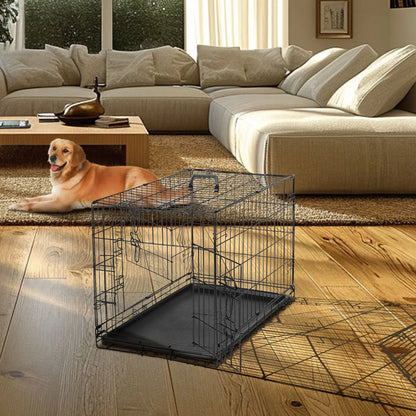 Large Dog Crate Enclosure - 24/30/36/42/48In Foldable Metal Wire Escape-Proof Kennel, Double-Door, Divider Panel, Leak-Proof Plastic Pan Tray for Easy Cleaning, Indoor Use